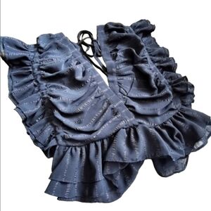 Uforia Favlux Black Ruffle Plunge V-Neck Top Textured Stripe Medium NWT